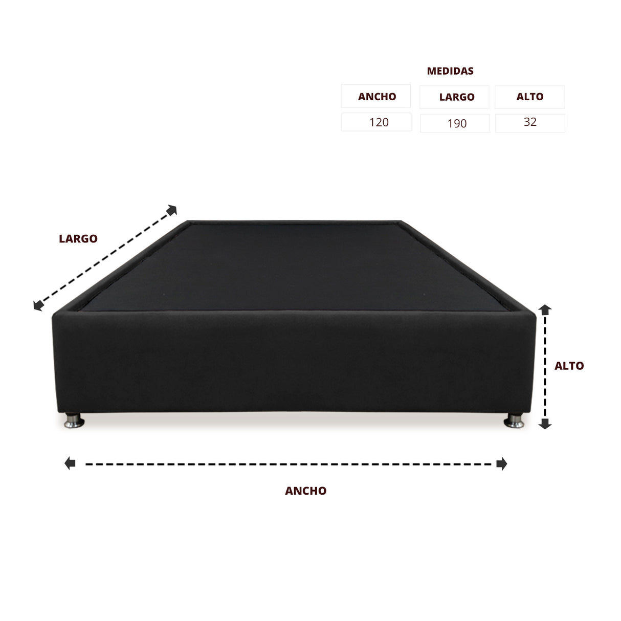Base Cama Graf Negro para Cama Semidoble 120 X 190 Cm con Patas - CAMAS | Bylmo