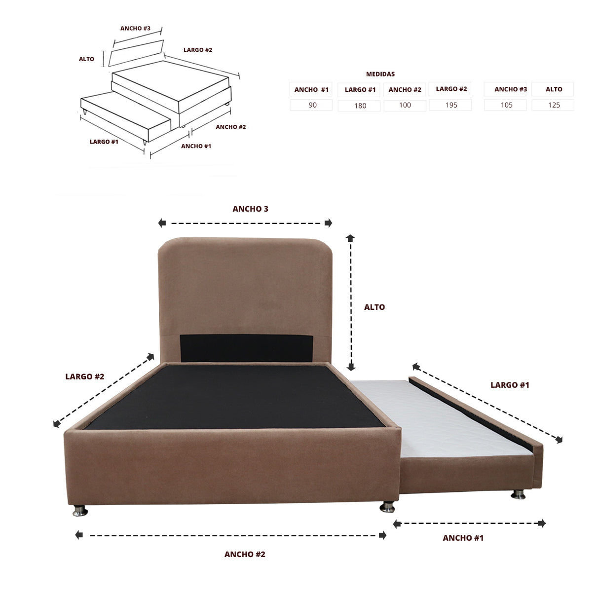 Combo Cama Tarima Nido y Cabecero Comfort Camel para Cama Sencilla 100 X 190 Cm con Patas - CAMAS | Bylmo