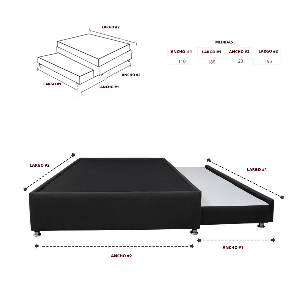 Cama Tarima Nido Comfort Negro para Cama Semidoble 120 X 190 Cm con Patas - CAMAS | Bylmo