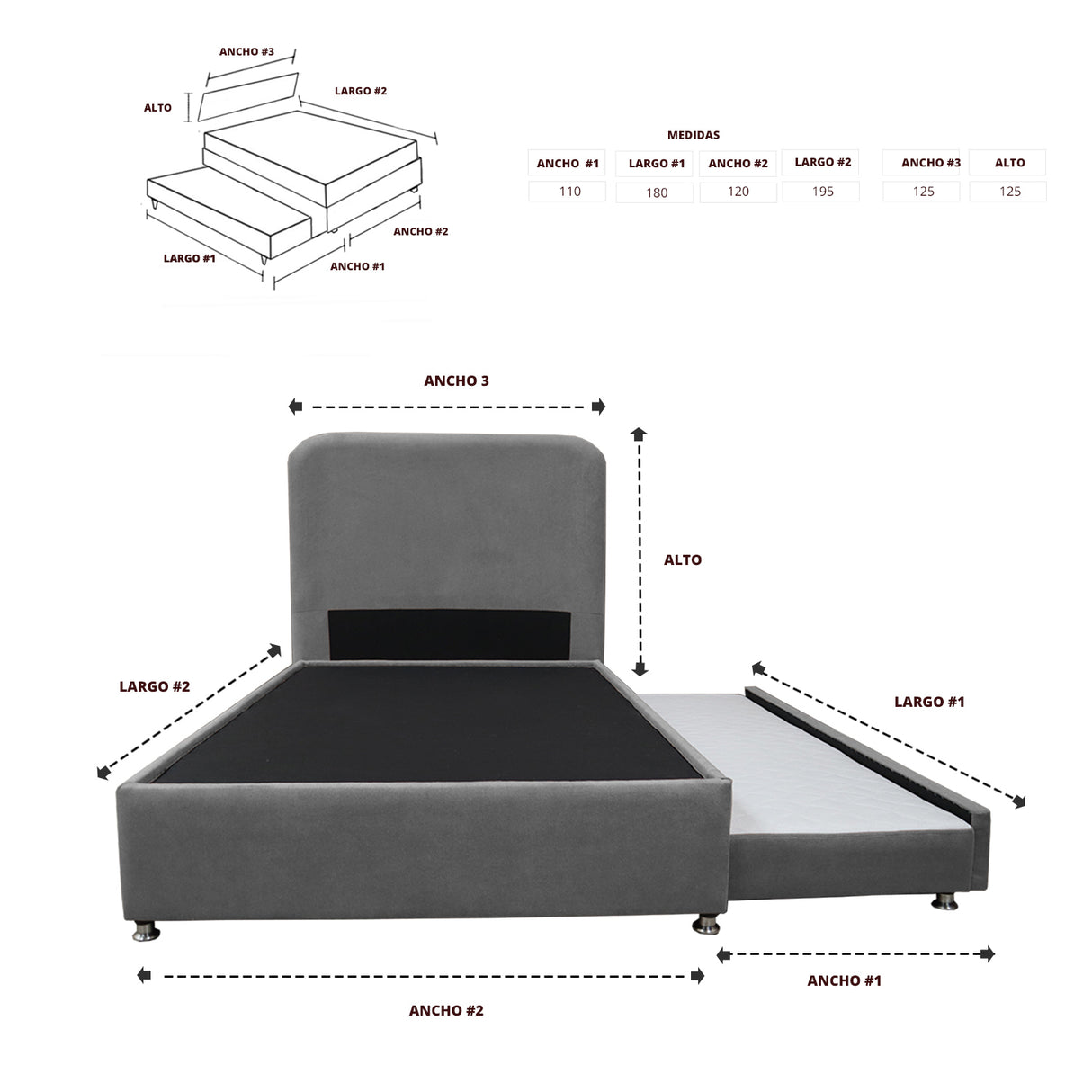Combo Cama Tarima Nido y Cabecero Comfort Gris para Cama Semidoble 120 X 190 Cm con Patas - CAMAS | Bylmo