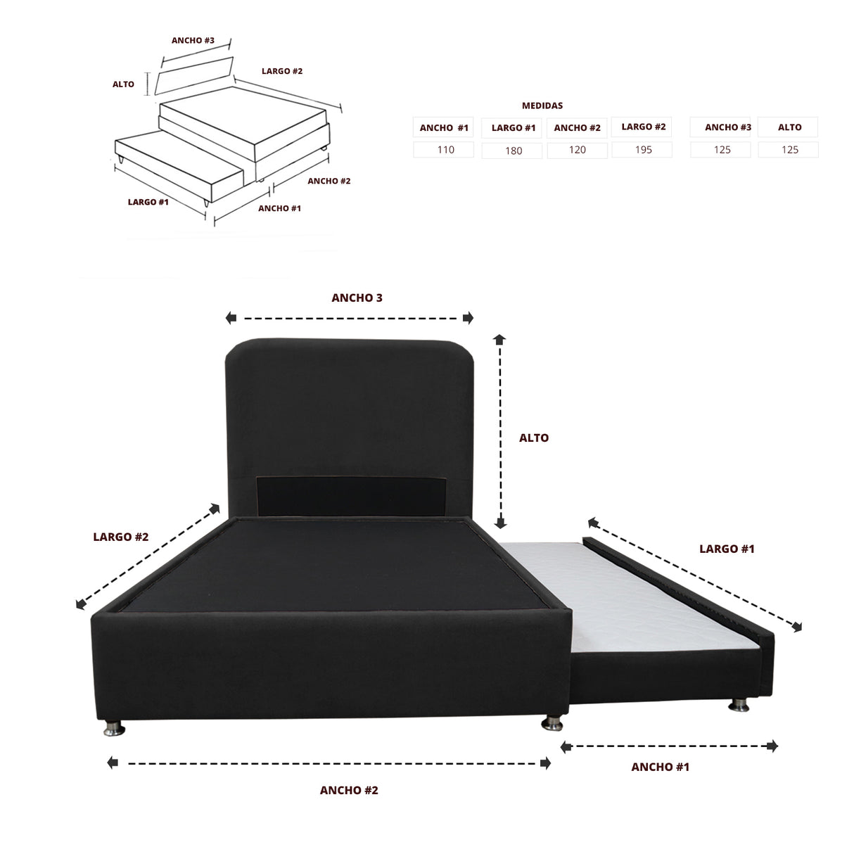 Combo Cama Tarima Nido y Cabecero Comfort Negro para Cama Semidoble 120 X 190 Cm con Patas - CAMAS | Bylmo