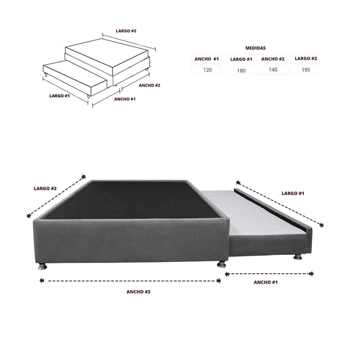 Cama Tarima Nido Comfort Gris para Cama Doble 140 X 190 Cm con Patas - CAMAS | Bylmo