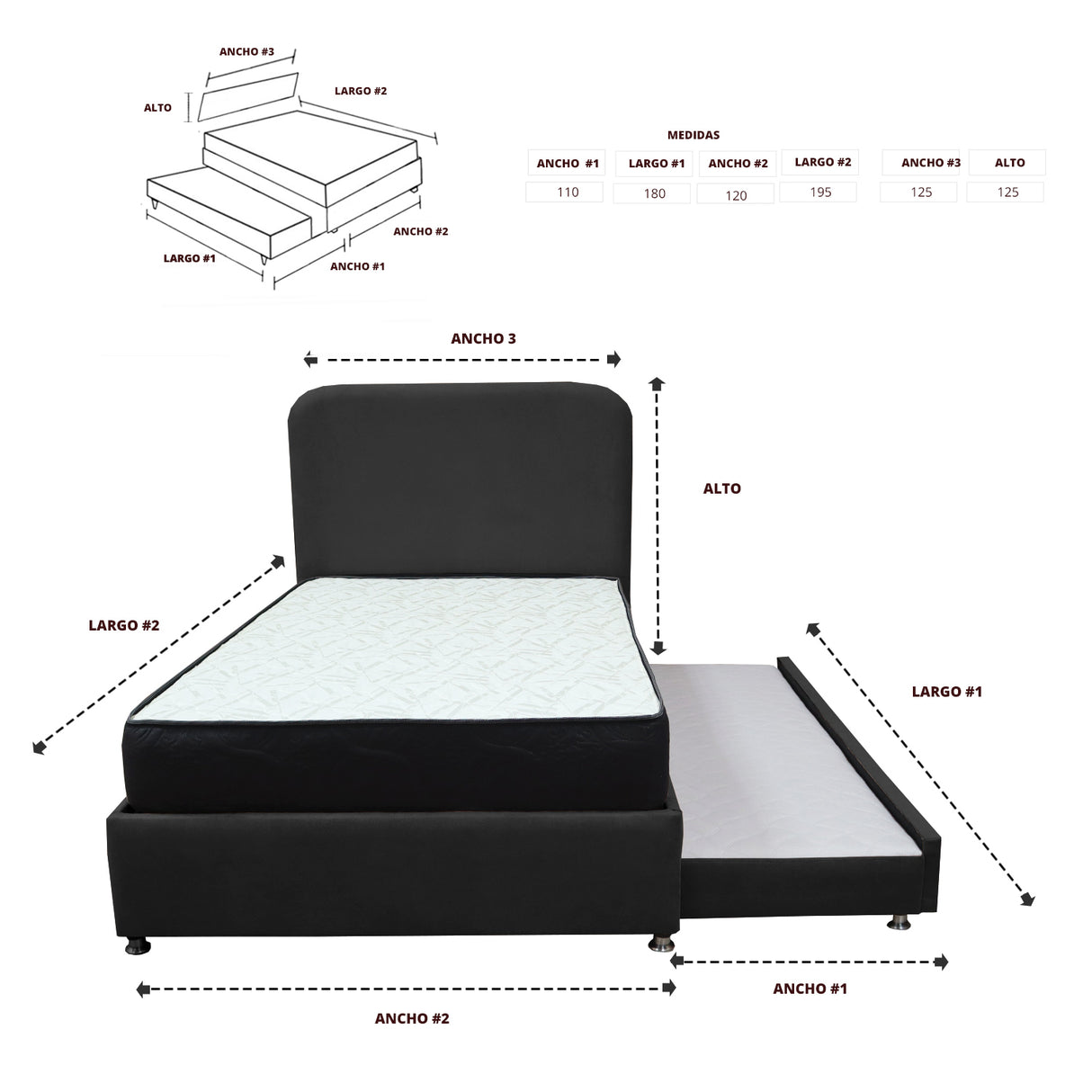 Combo Cama Tarima y Colchón Comfort Negro para Cama Semidoble 120 X 190 Cm con Patas - CAMAS | Bylmo