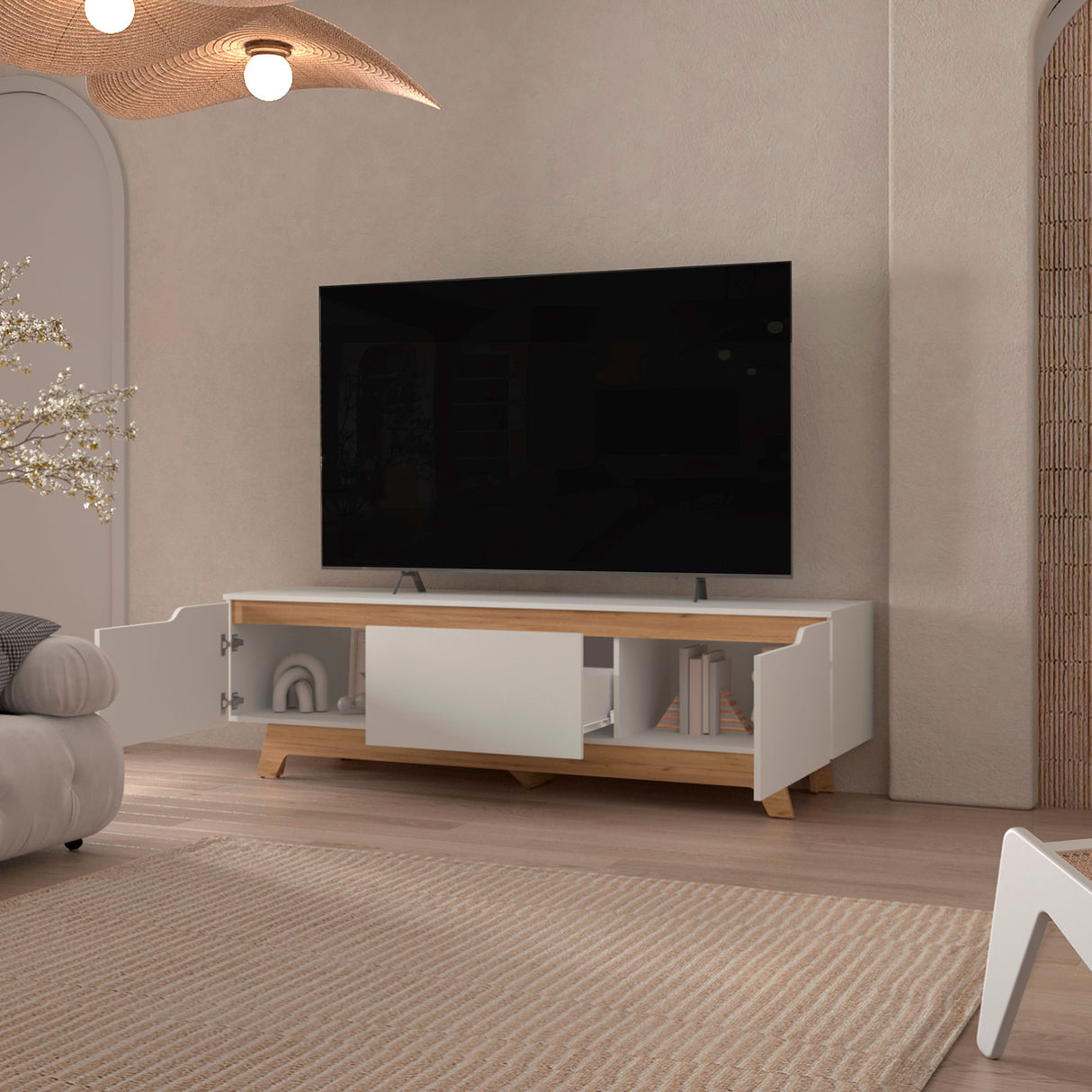 Centro de Entretenimiento Woodall Blanco Y Fresno Europeo 180.6x53cm Para TV hasta 80" Pulgadas con Un Cajón y Tres Compartimientos - MUEBLES DE TV | Bylmo