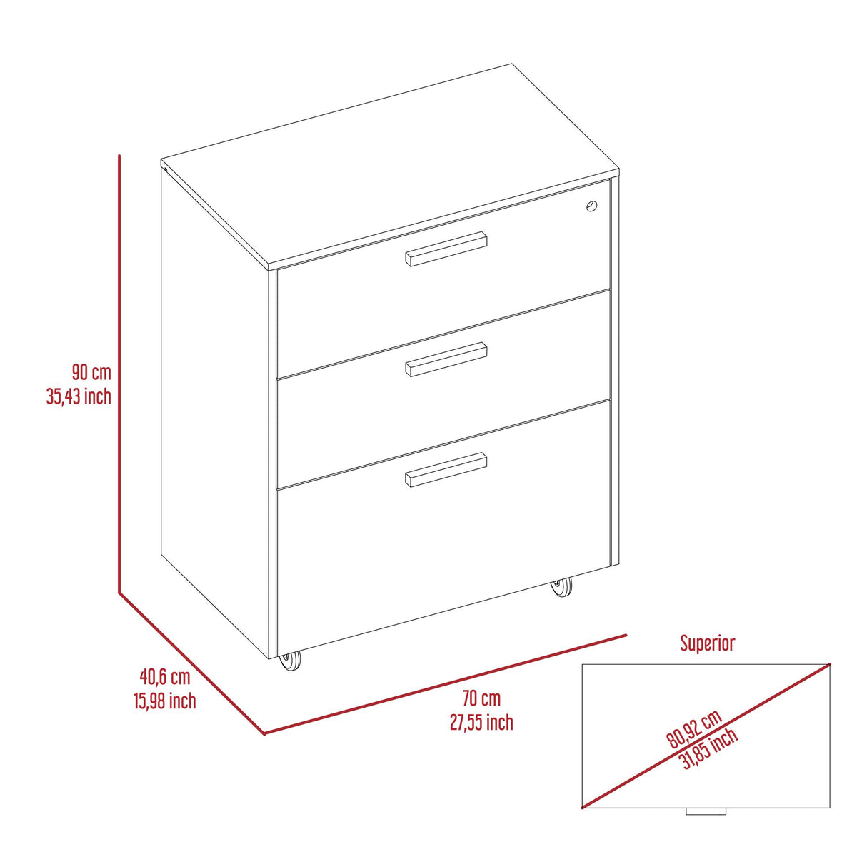 Archivador Wengue 52.8x20.9cm Oficio con Tres Cajones y con Ruedas - ARCHIVADORES | Bylmo