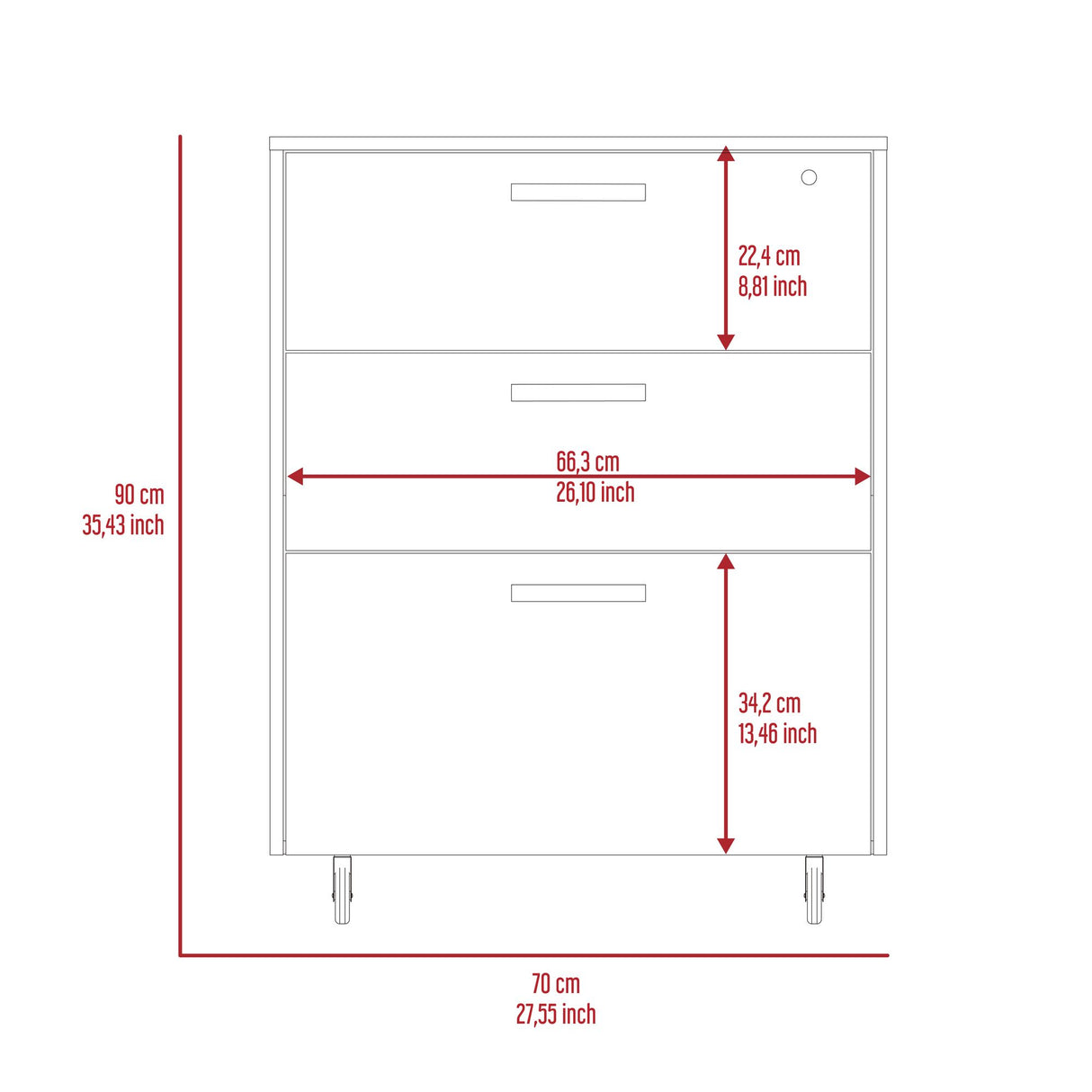 Archivador Wengue 52.8x20.9cm Oficio con Tres Cajones y con Ruedas - ARCHIVADORES | Bylmo