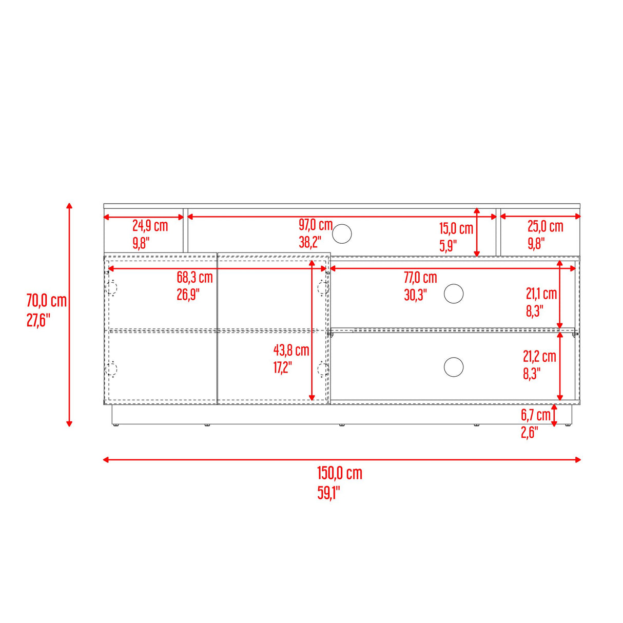 Mesa para TV Hope Fresno Europeo y Capri 150x70cm Para TV Hasta 65" Pulgadas con Cuatro Compartimientos - MUEBLES DE TV | Bylmo
