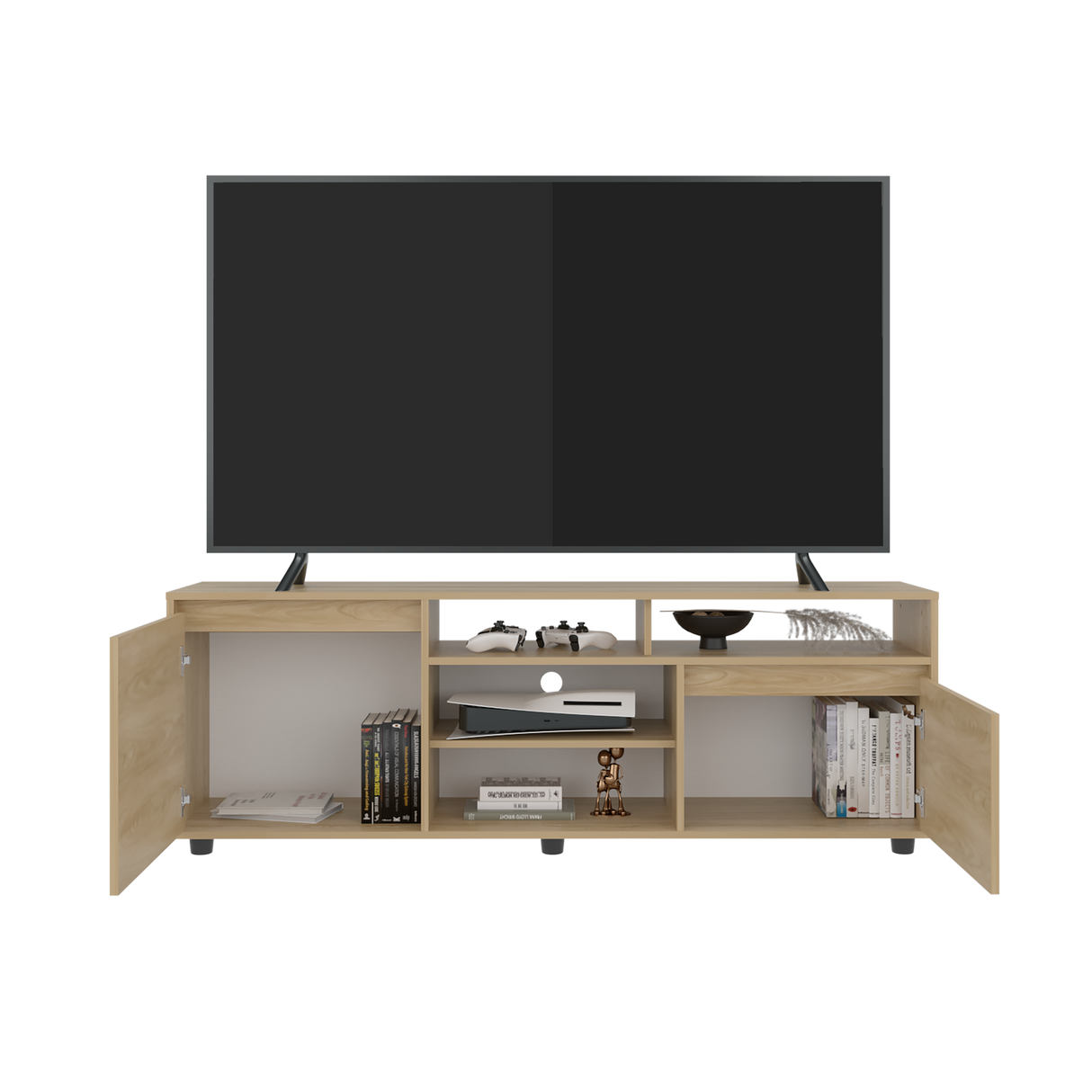 Rack de TV Pino Fresno Europeo 160x55cm Para TV Hasta 70" Pulgadas con Seis Compartimientos - MUEBLES DE TV | Bylmo