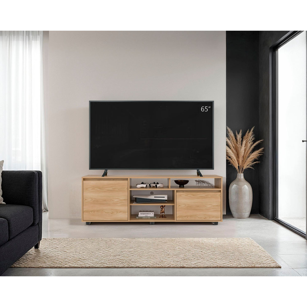 Rack de TV Pino Fresno Europeo 160x55cm Para TV Hasta 70" Pulgadas con Seis Compartimientos - MUEBLES DE TV | Bylmo