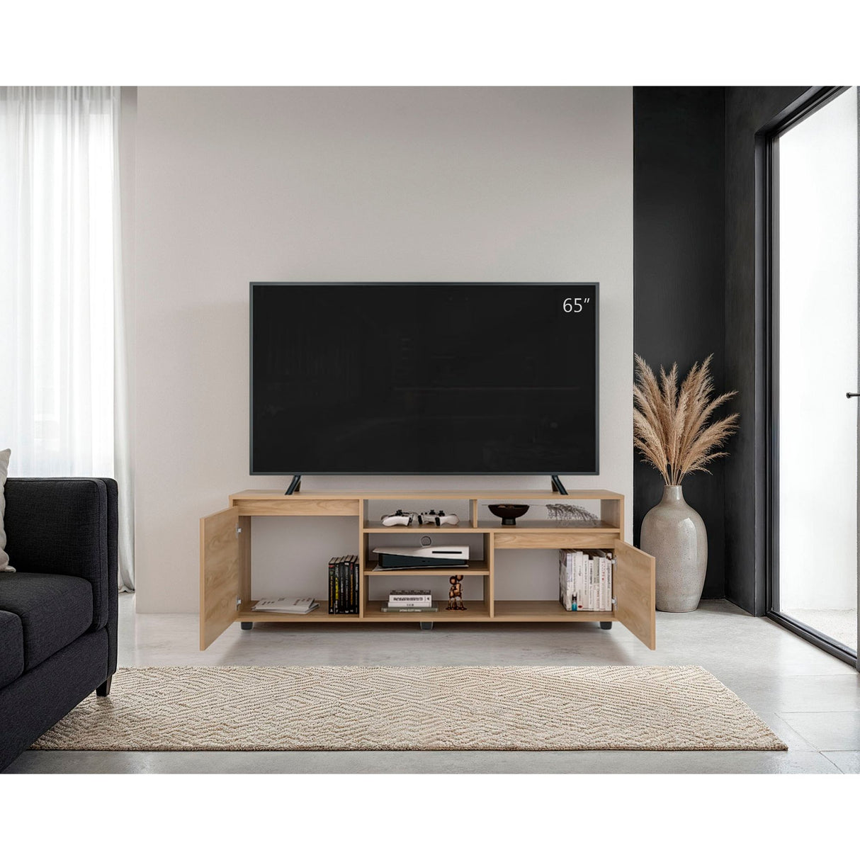 Rack de TV Pino Fresno Europeo 160x55cm Para TV Hasta 70" Pulgadas con Seis Compartimientos - MUEBLES DE TV | Bylmo