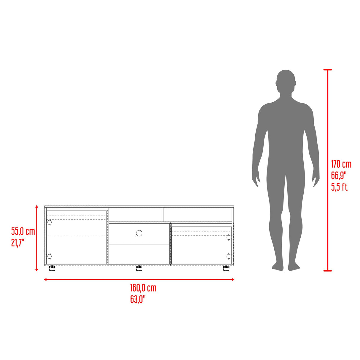 Rack de TV Pino Fresno Europeo 160x55cm Para TV Hasta 70" Pulgadas con Seis Compartimientos - MUEBLES DE TV | Bylmo
