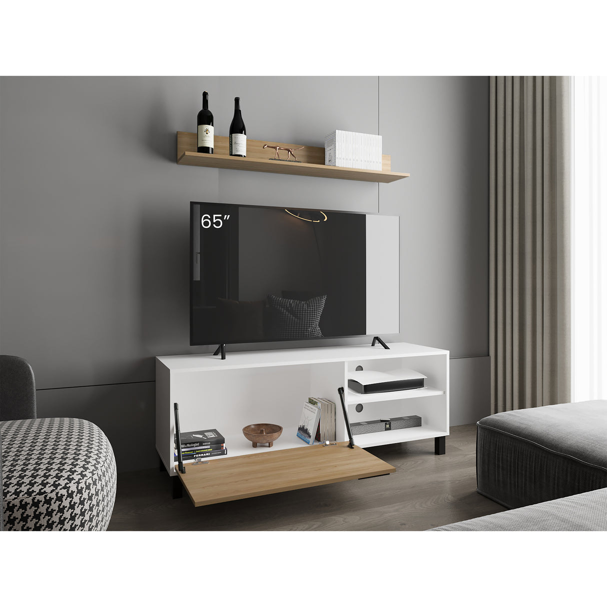 Rack de TV Bryce Blanco y Fresno Europeo 140x53cm Para TV Hasta 65" Pulgadas con Cuatro Compartimientos - MUEBLES DE TV | Bylmo