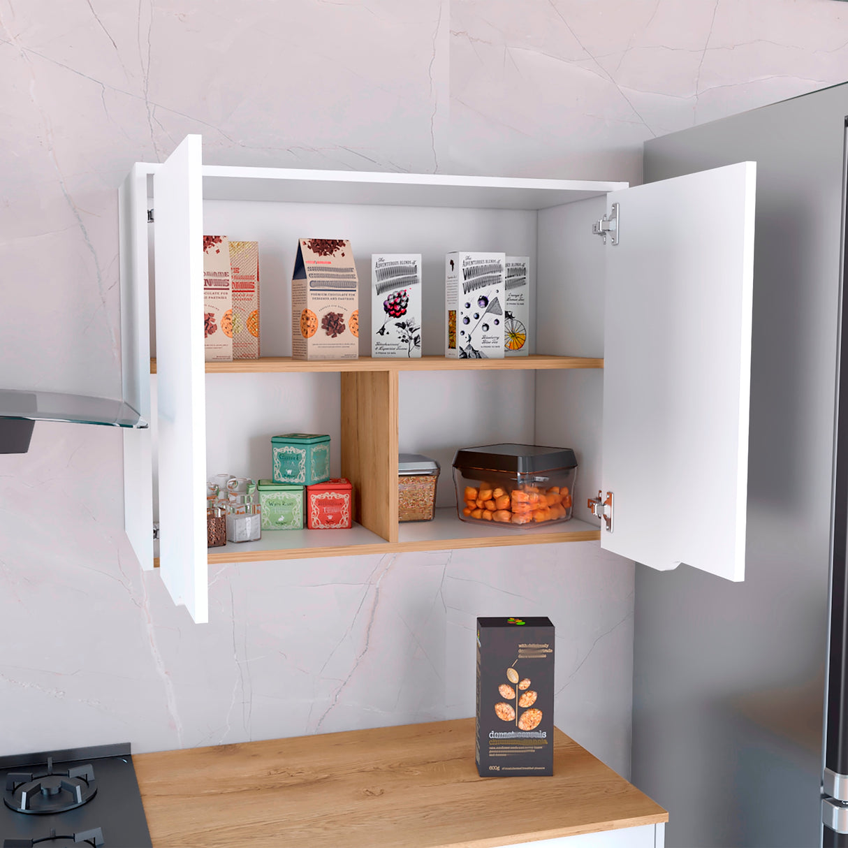 Mueble Superior de Cocina Soler Blanco y Macadamia 80x60cm Con Dos Puertas Push - To - Open y con Un Entrepaño - MUEBLES SUPERIORES DE COCINA | Bylmo