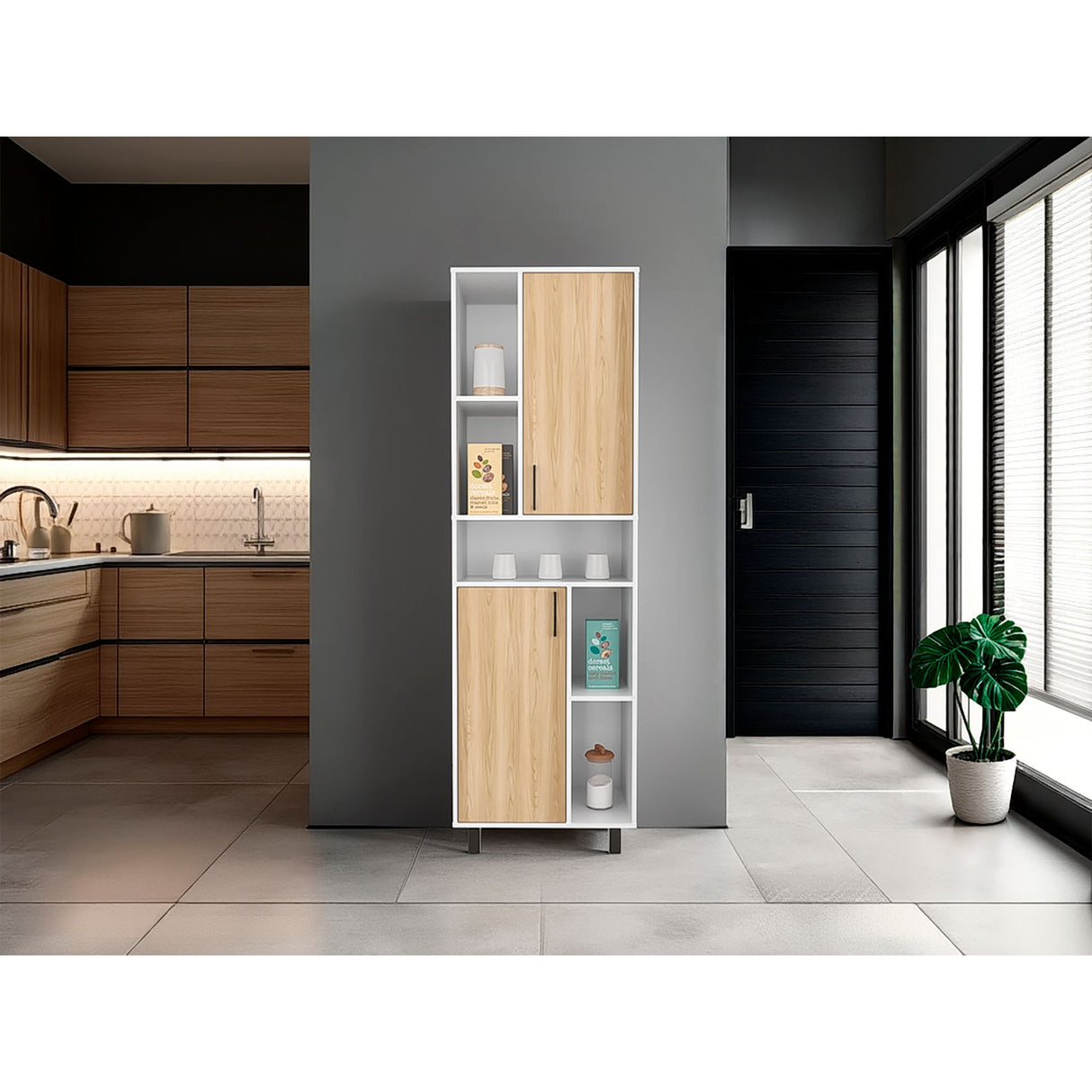 Estantería Bryce Blanco y Fresno Europeo 60x190cm Rectangular con Cuatro Entrepaños y con Nueve Compartimientos - BIBLIOTECAS Y ESTANTERIAS | Bylmo