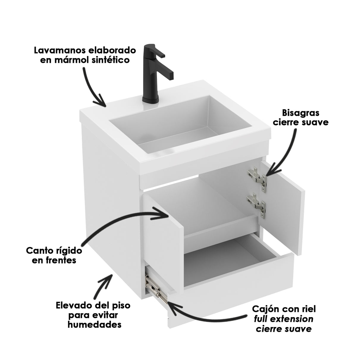 Kit Mueble con Lavamanos Flotante Macao Blanco 48x48cm Individual con Lavamanos de Sobreponer y con Un Cajón - MUEBLES PARA LAVAMANOS | Bylmo
