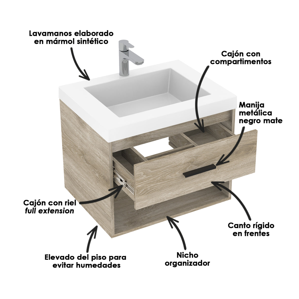 Kit Mueble con Lavamanos Flotante Picasso Austral 63x48cm Individual con Lavamanos de Sobreponer y con Un Cajón - MUEBLES PARA LAVAMANOS | Bylmo