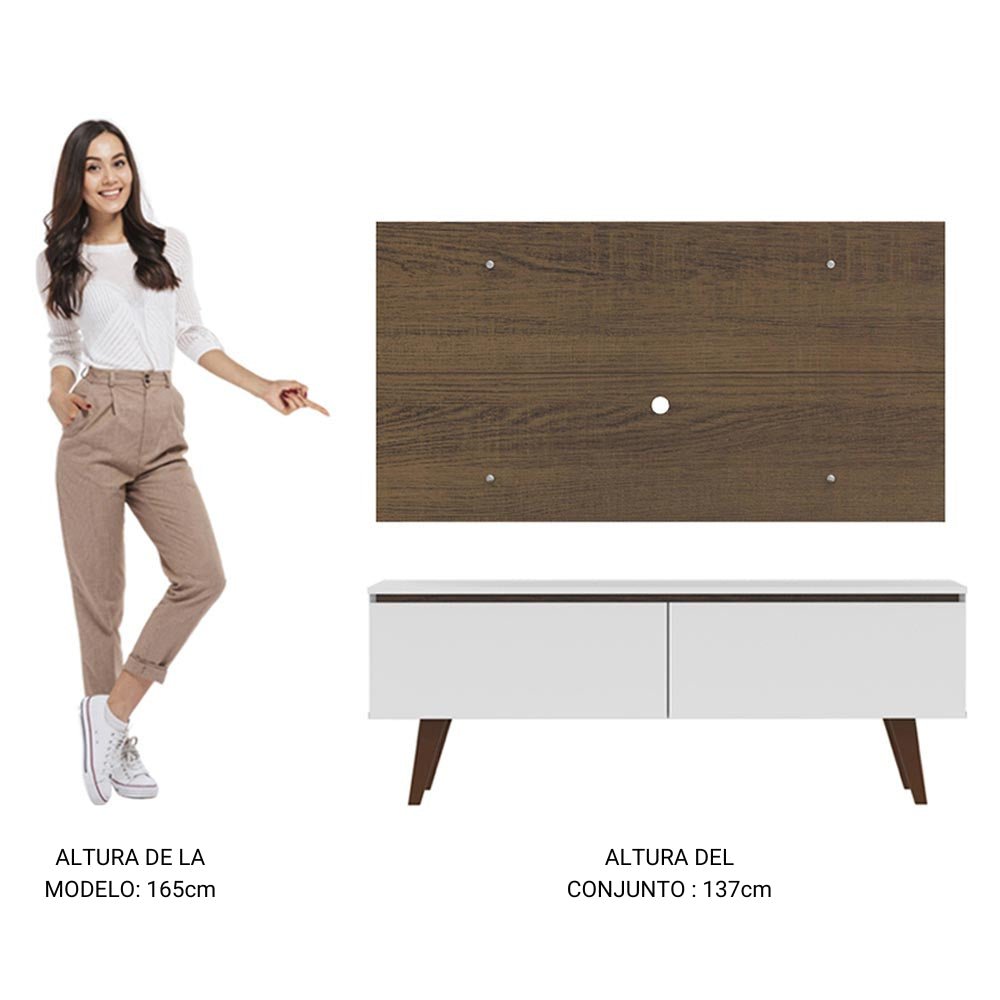 Combo Mueble y Panel de TV Le Mans Blanco y Marron 136x72cm para TV Hasta 55" Pulgadas con Ranuras para Cables y con Dos Compartimientos - MUEBLES DE TV | Bylmo