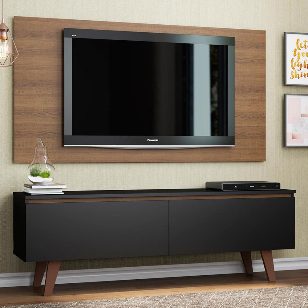 Combo Mueble y Panel de TV Le Mans Negro y Marron 136x72cm para TV Hasta 55" Pulgadas con Ranuras para Cables y con Dos Compartimientos - MUEBLES DE TV | Bylmo