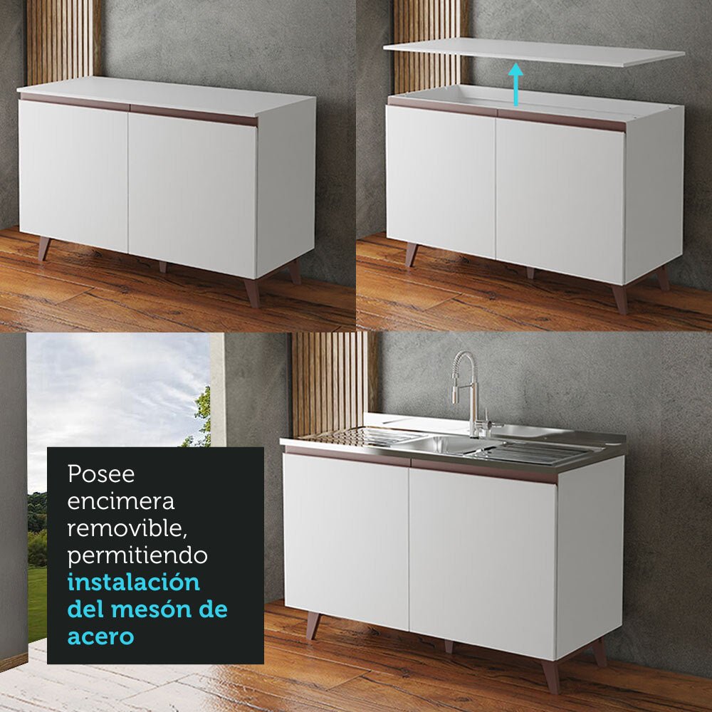 Mueble Inferior de Cocina Reims Blanco 120x83cm con Mesón de Madera Aglomerada Mdp y sin Estufa - MUEBLES INFERIORES DE COCINA | Bylmo
