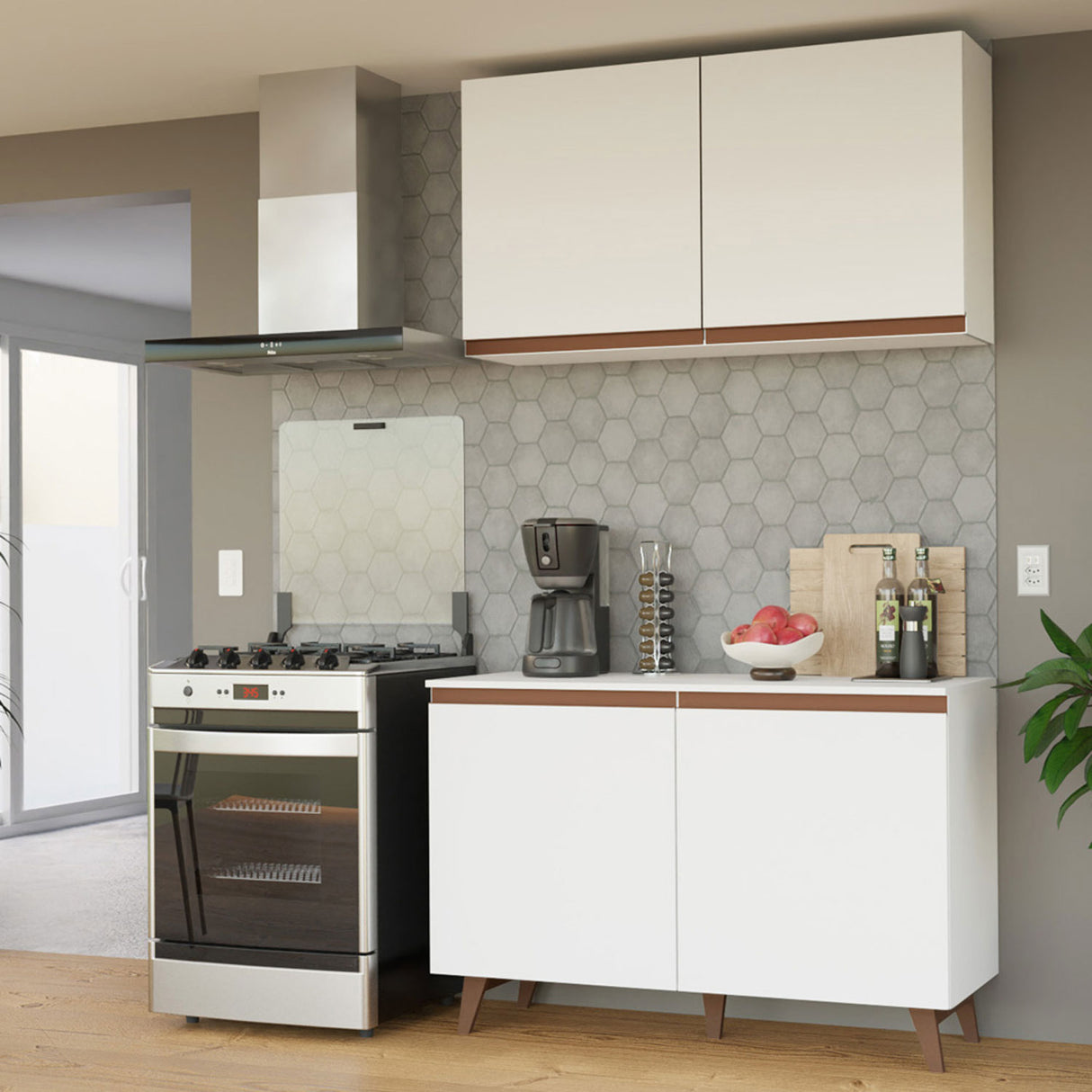 Combo Mueble Superior e Inferior de Cocina Reims Blanco 120x210cm con Mesón de Madera Aglomerada MPD y sin Estufa - MUEBLES INFERIORES DE COCINA | Bylmo