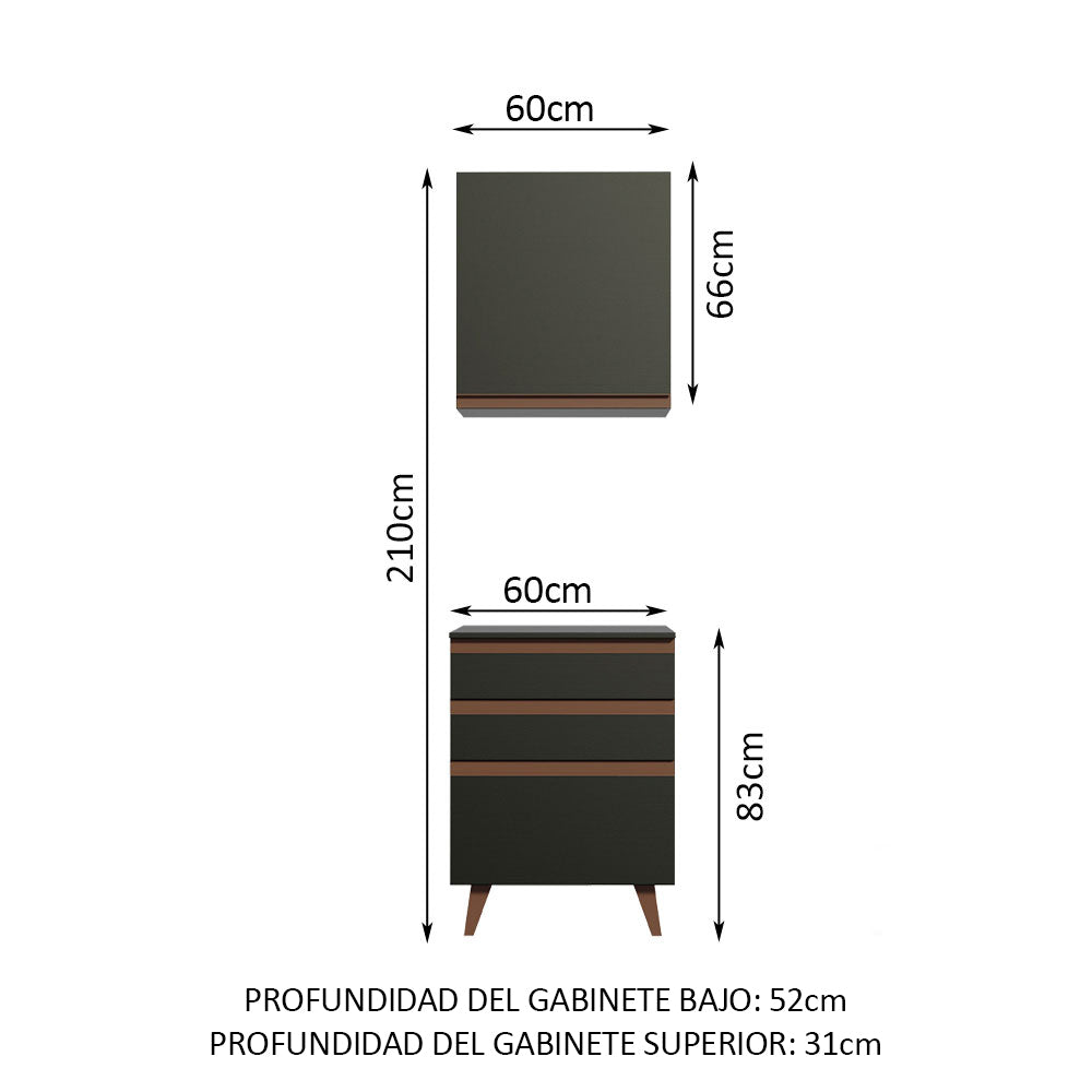 Combo Mueble Superior e Inferior de Cocina Reims Negro 60x210cm con Mesón de Madera Aglomerada MPD y sin Estufa - MUEBLES INFERIORES DE COCINA | Bylmo