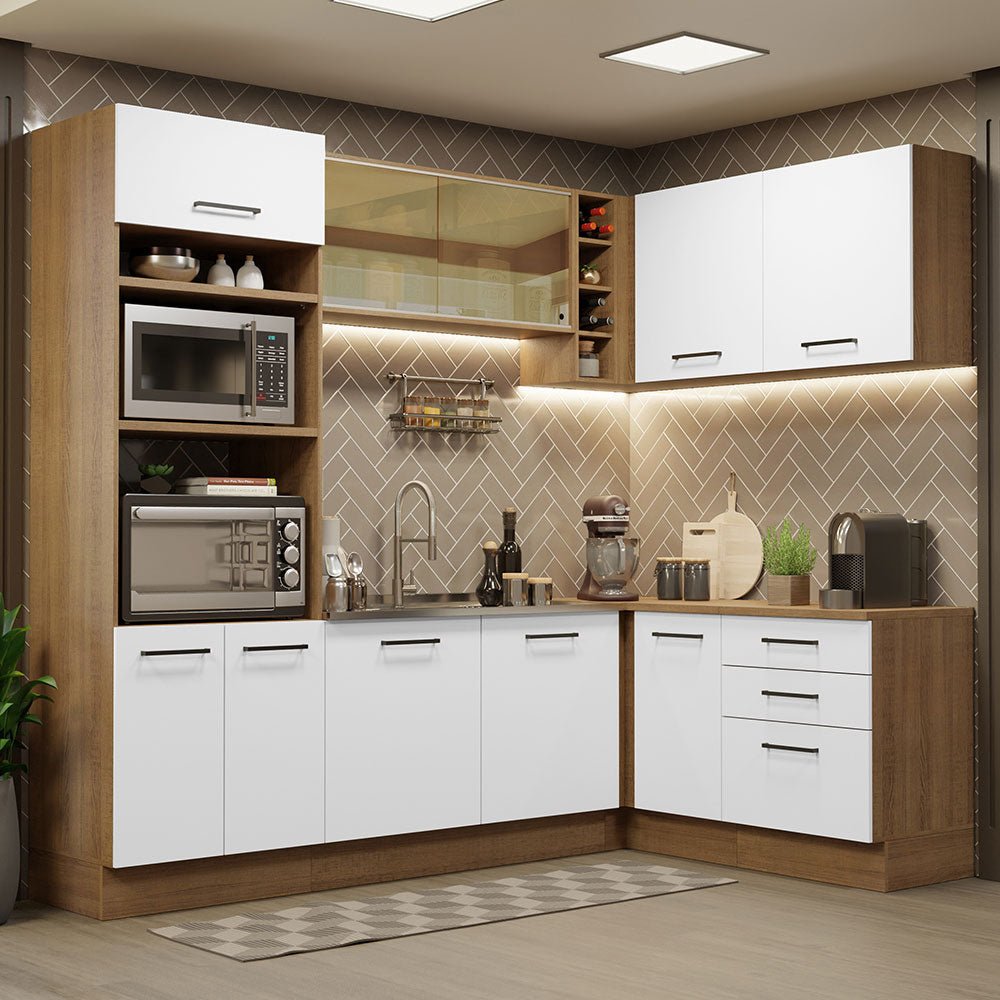 Cocina Integral Esquinero Modular Agata Marron y Blanco 399x225cm sin Mesón sin Estufa con Tres Cajones y con Veintitrés Entrepaños - COCINAS | Bylmo