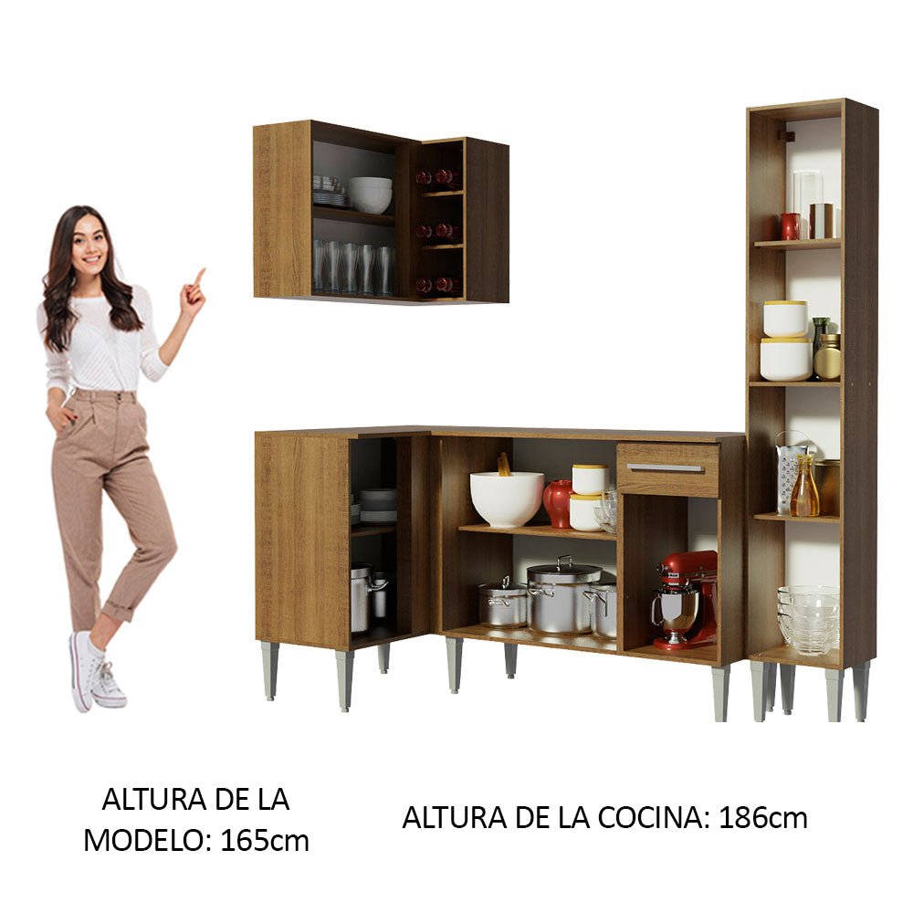 Cocina Integral Esquinero Modular Emilly Song Marron 261x186cm con Mesón de Madera Aglomerada Mdp sin Estufa con Un Cajón y con Catorce Entrepaños - COCINAS | Bylmo