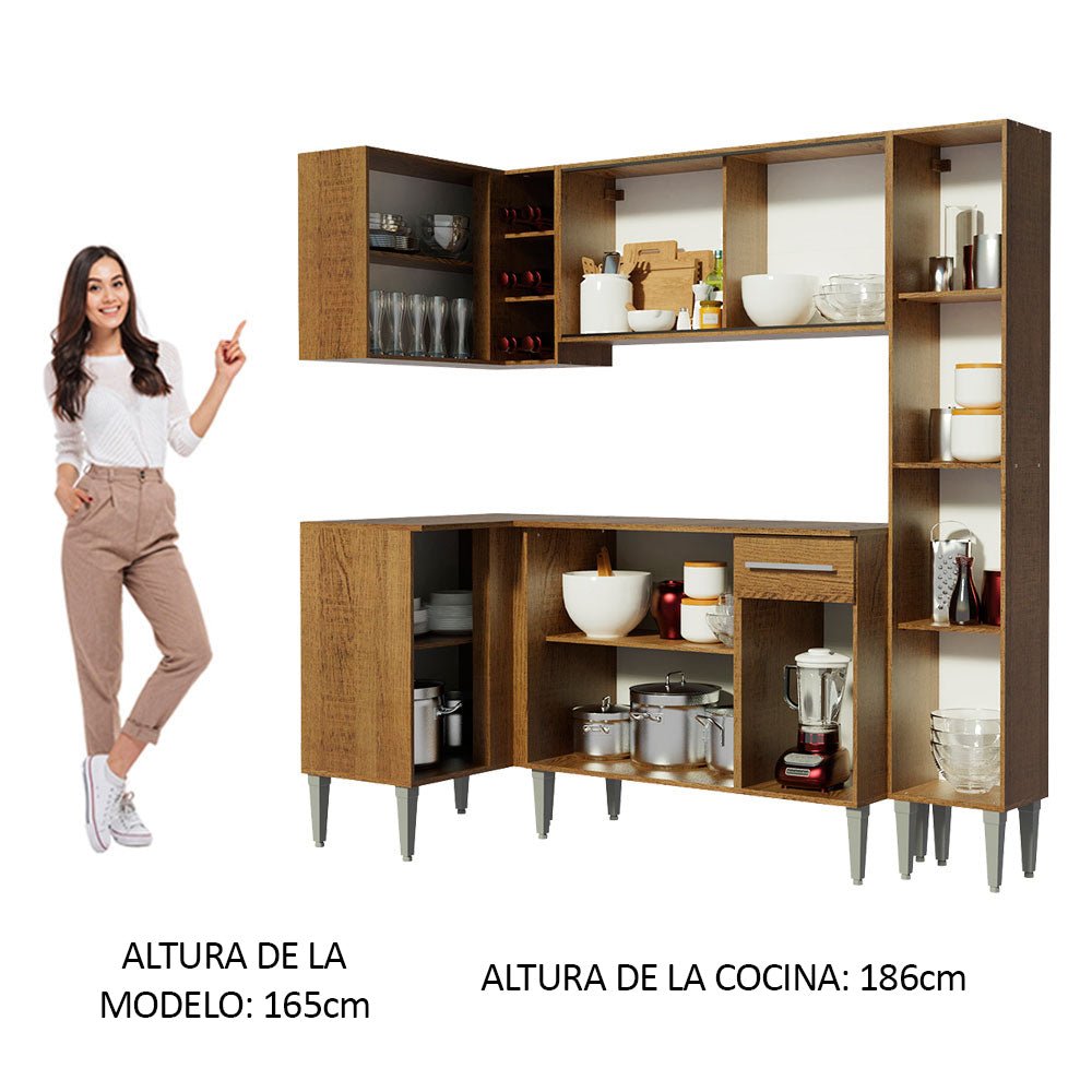 Cocina Integral Esquinero Modular Emilly River Marron 261x186cm con Mesón de Madera Aglomerada Mdp sin Estufa con Un Cajón y con Dieciséis Entrepaños - COCINAS | Bylmo