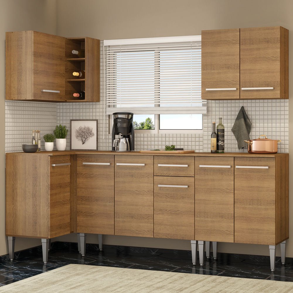 Cocina Integral Esquinero Modular Emilly Open Marron 293x186cm con Mesón de Madera Aglomerada Mdp sin Estufa con Un Cajón y con Catorce Entrepaños - COCINAS | Bylmo