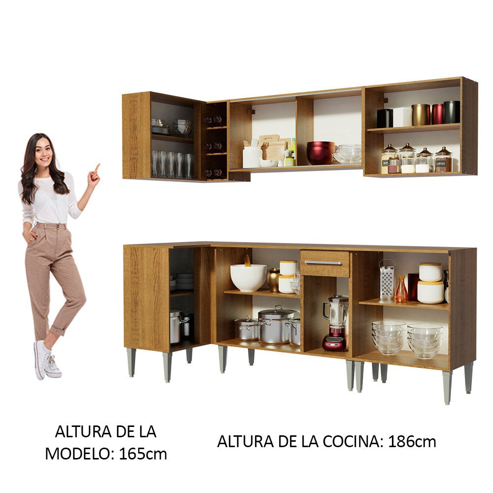 Cocina Integral Esquinero Modular Emilly Play Marron 293x186cm con Mesón de Madera Aglomerada Mdp sin Estufa con Un Cajón y con Dieciséis Entrepaños - COCINAS | Bylmo
