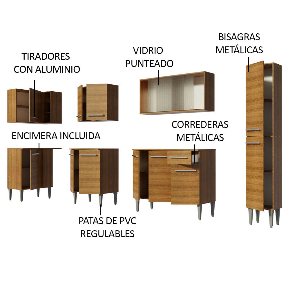 Cocina Integral Esquinero Modular Emilly Space Marron 325x186cm con Mesón de Madera Aglomerada Mdp sin Estufa con Un Cajón y con Veinte Entrepaños - COCINAS | Bylmo