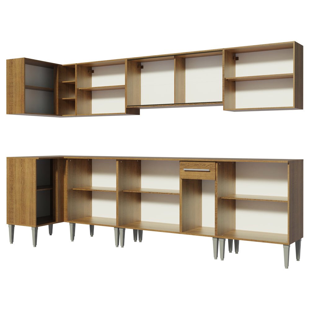 Cocina Integral Esquinero Modular Emilly Mega Marron 357x186cm con Mesón de Madera Aglomerada Mdp sin Estufa con Un Cajón y con Veinte Entrepaños - COCINAS | Bylmo