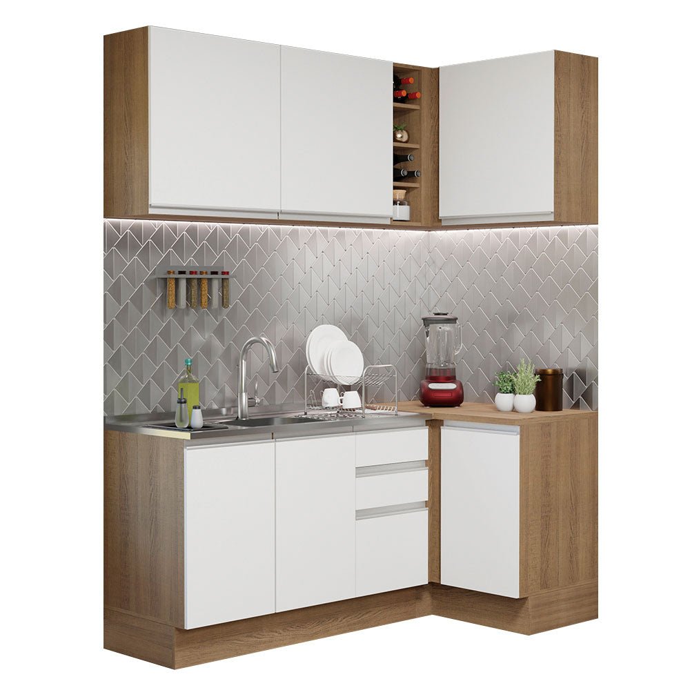 Cocina Integral Esquinero Modular Glamy Marron y Blanco 269x225cm sin Mesón sin Estufa con Tres Cajones y con Catorce Entrepaños - COCINAS | Bylmo