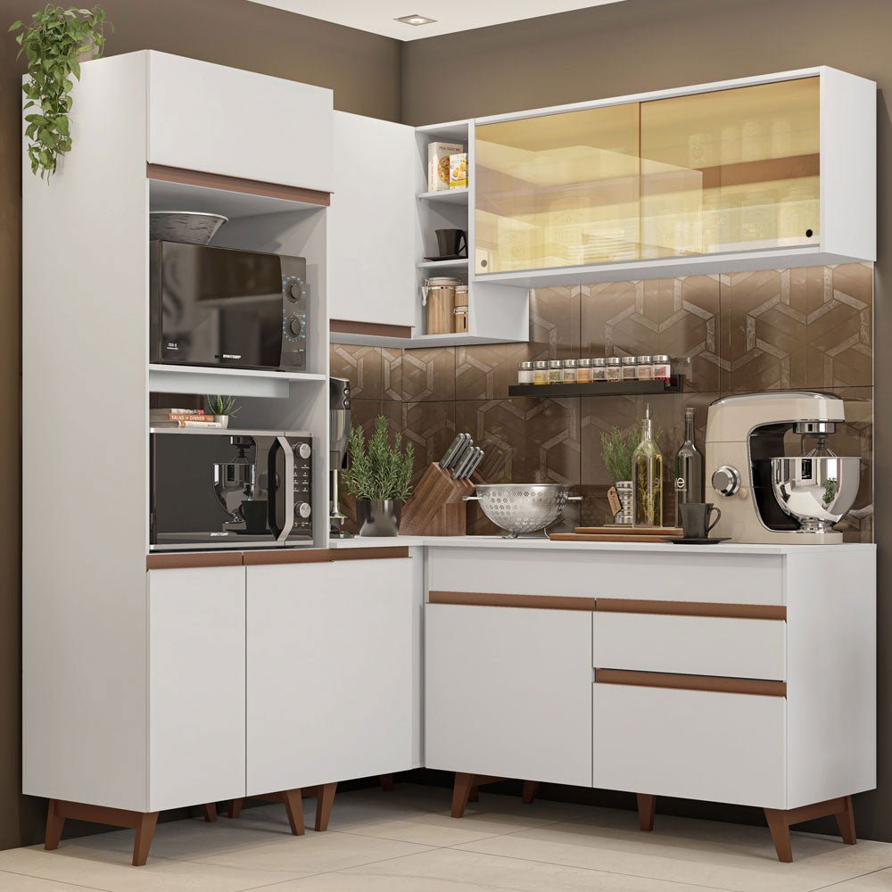 Cocina Integral Esquinero Modular Reims Blanco 332x210cm con Mesón de Madera Aglomerada Mdp sin Estufa con Un Cajón y con Dieciocho Entrepaños - COCINAS | Bylmo