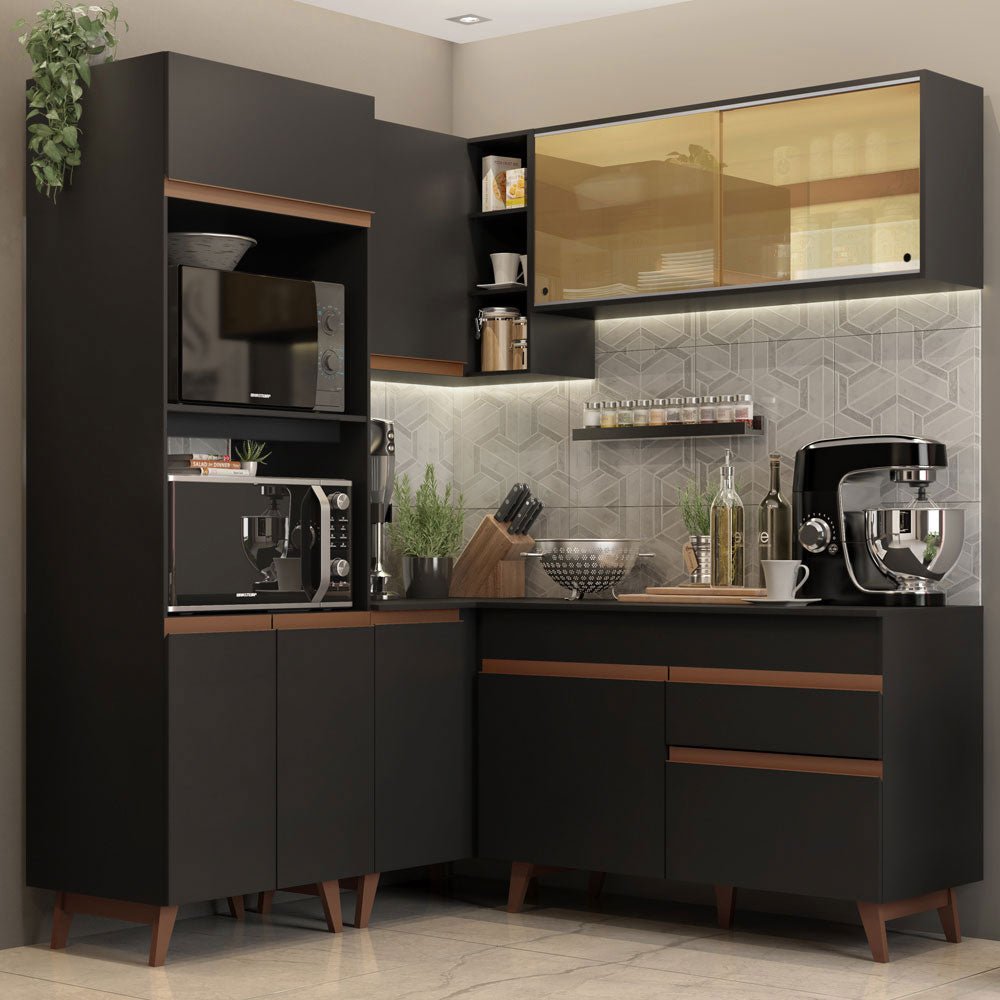 Cocina Integral Esquinero Modular Reims Negro 332x210cm con Mesón de Madera Aglomerada Mdp sin Estufa con Un Cajón y con Quince Entrepaños - COCINAS | Bylmo