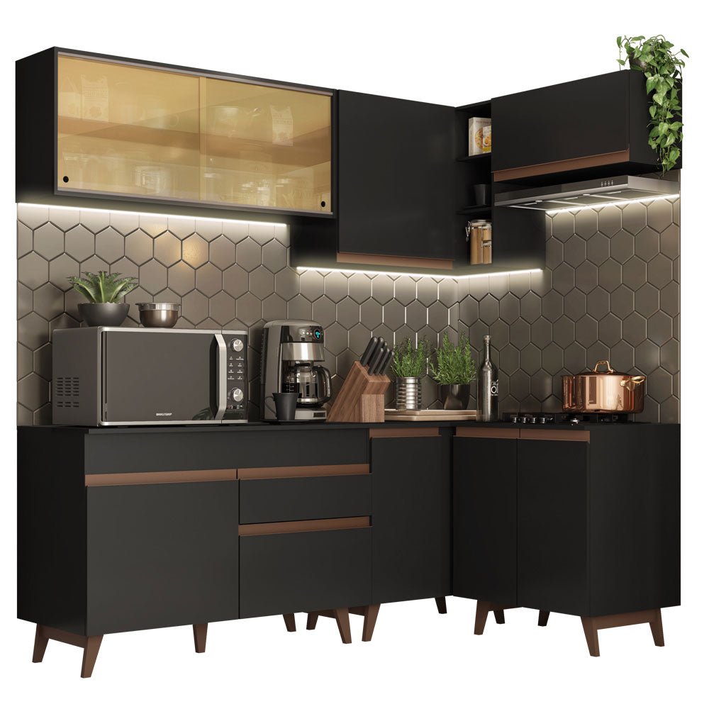 Cocina Integral Esquinero Modular Reims Negro 332x210cm con Mesón de Madera Aglomerada Mdp sin Estufa con Un Cajón y con Dieciséis Entrepaños - COCINAS | Bylmo