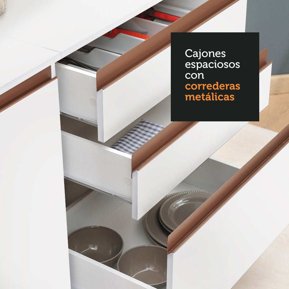 Cocina Integral Esquinero Modular Reims Blanco 392x210cm con Mesón de Madera Aglomerada Mdp sin Estufa con Tres Cajones y con Diecisiete Entrepaños - COCINAS | Bylmo
