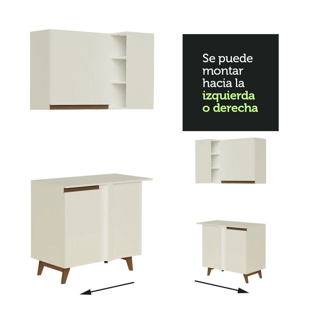 Cocina Integral Esquinero Modular Reims Blanco 392x210cm con Mesón de Madera Aglomerada Mdp sin Estufa con Tres Cajones y con Diecisiete Entrepaños - COCINAS | Bylmo