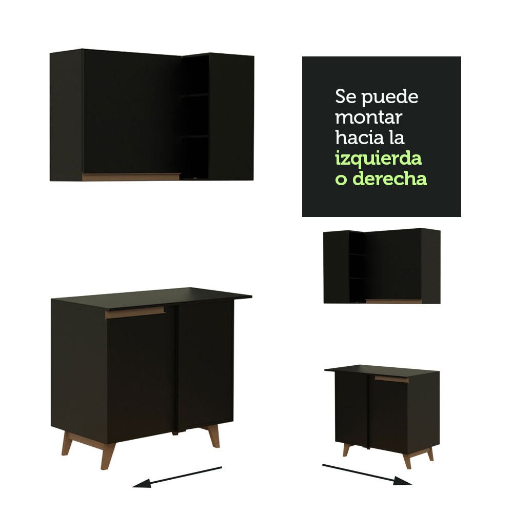 Cocina Integral Esquinero Modular Reims Negro 392x210cm con Mesón de Madera Aglomerada Mdp sin Estufa con Tres Cajones y con Diecinueve Entrepaños - COCINAS | Bylmo