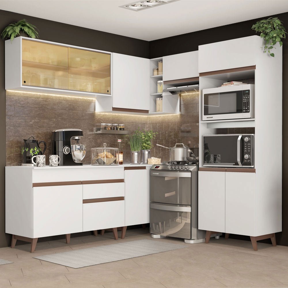 Cocina Integral Esquinero Modular Reims Blanco 402x210cm con Mesón de Madera Aglomerada Mdp sin Estufa con Un Cajón y con Diecinueve Entrepaños - COCINAS | Bylmo