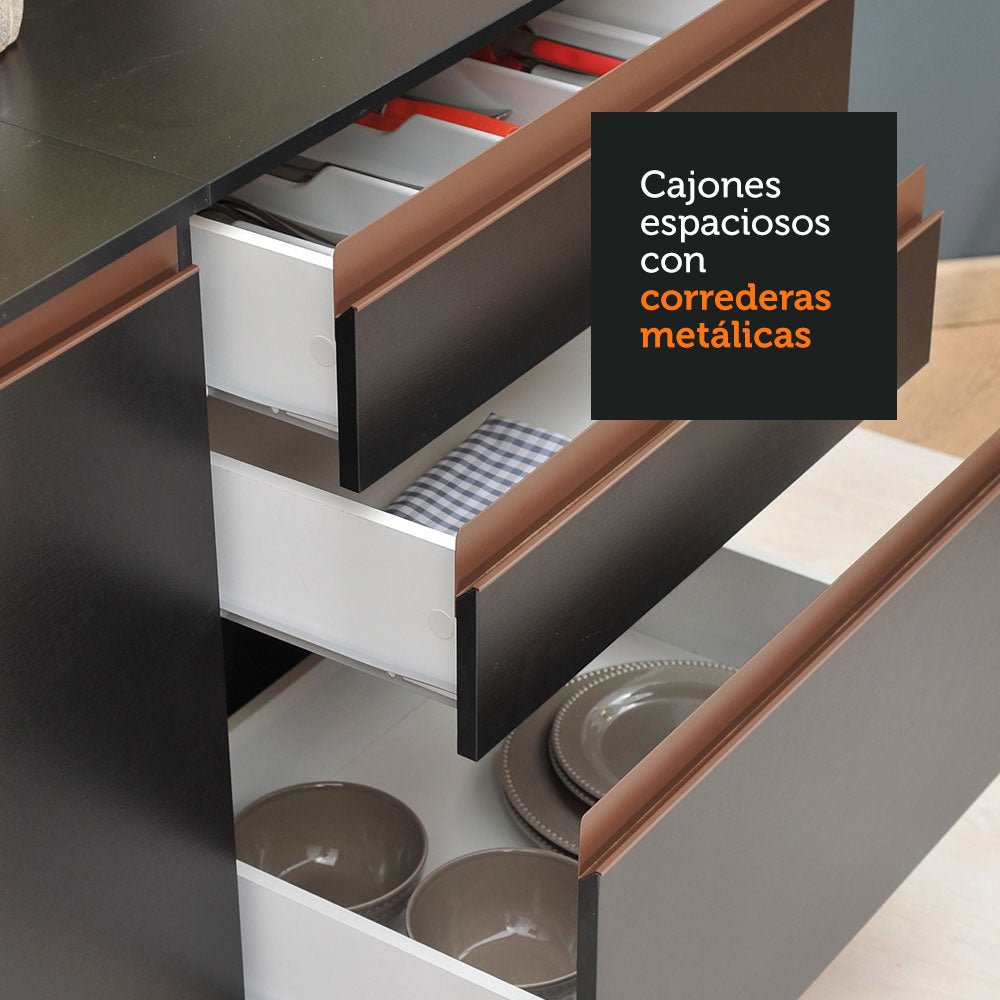 Cocina Integral Esquinero Modular Reims Negro 402x210cm con Mesón de Madera Aglomerada Mdp sin Estufa con Un Cajón y con Quince Entrepaños - COCINAS | Bylmo