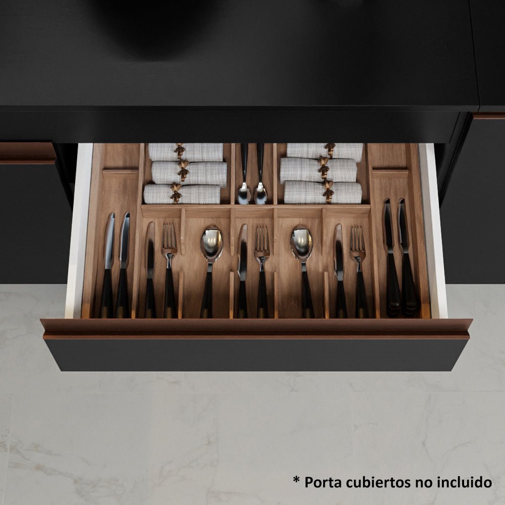 Cocina Integral Esquinero Modular Reims Negro 452x210cm con Mesón de Madera Aglomerada Mdp sin Estufa con Un Cajón y con Veinticinco Entrepaños - COCINAS | Bylmo