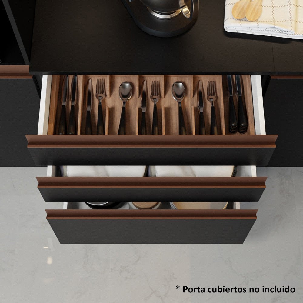 Cocina Integral Esquinero Modular Reims Negro 462x210cm con Mesón de Madera Aglomerada Mdp sin Estufa con Tres Cajones y con Veinticuatro Entrepaños - COCINAS | Bylmo