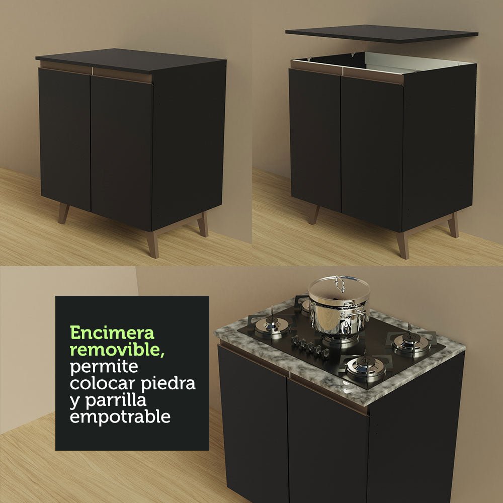 Cocina Integral Esquinero Modular Reims Negro 462x210cm con Mesón de Madera Aglomerada Mdp sin Estufa con Tres Cajones y con Veinticuatro Entrepaños - COCINAS | Bylmo