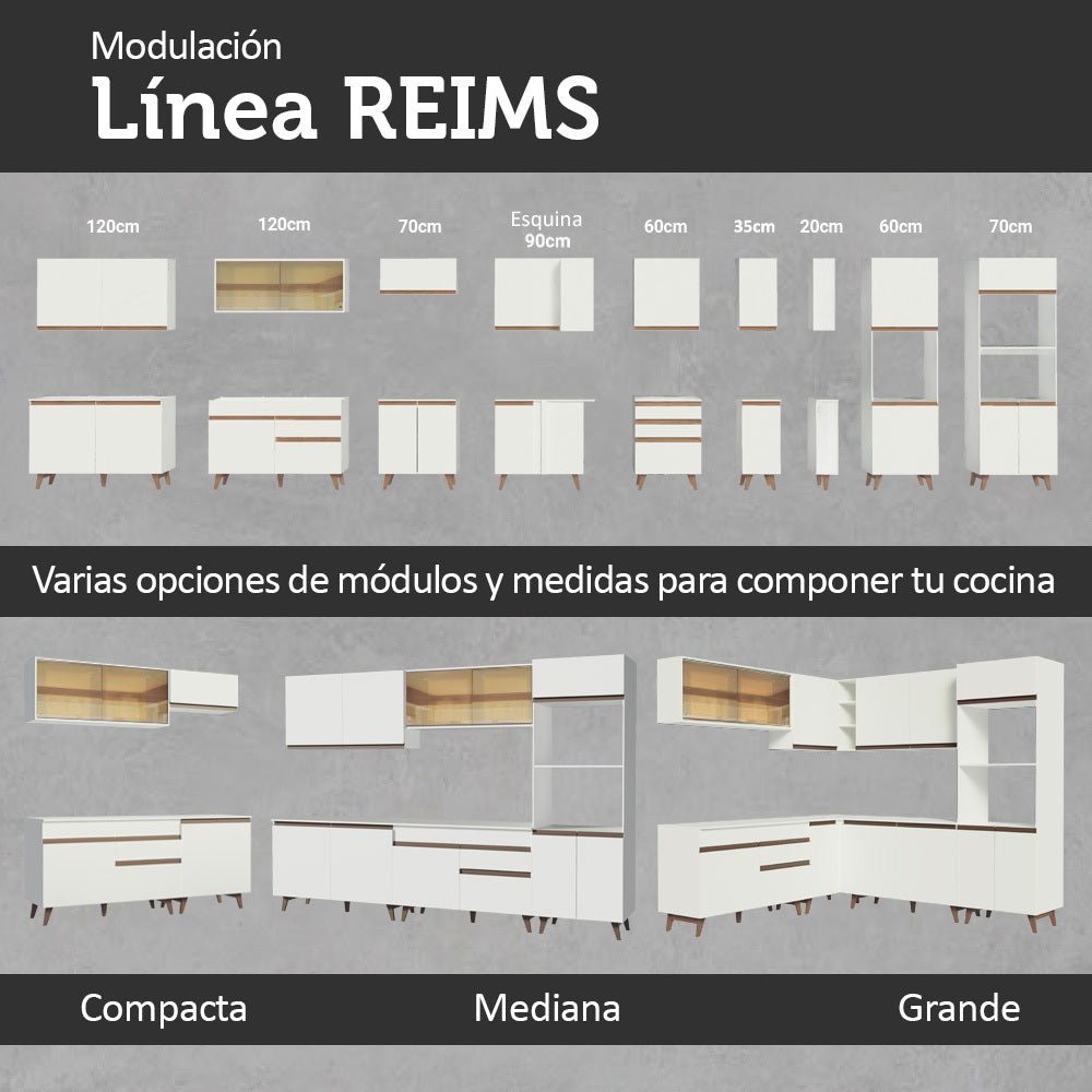 Cocina Integral Esquinero Modular Reims Blanco 462x210cm con Mesón de Madera Aglomerada Mdp sin Estufa con Tres Cajones y con Veintidós Entrepaños - COCINAS | Bylmo