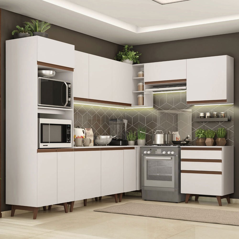 Cocina Integral Esquinero Modular Reims Blanco 462x210cm con Mesón de Madera Aglomerada Mdp sin Estufa con Tres Cajones y con Veintidós Entrepaños - COCINAS | Bylmo