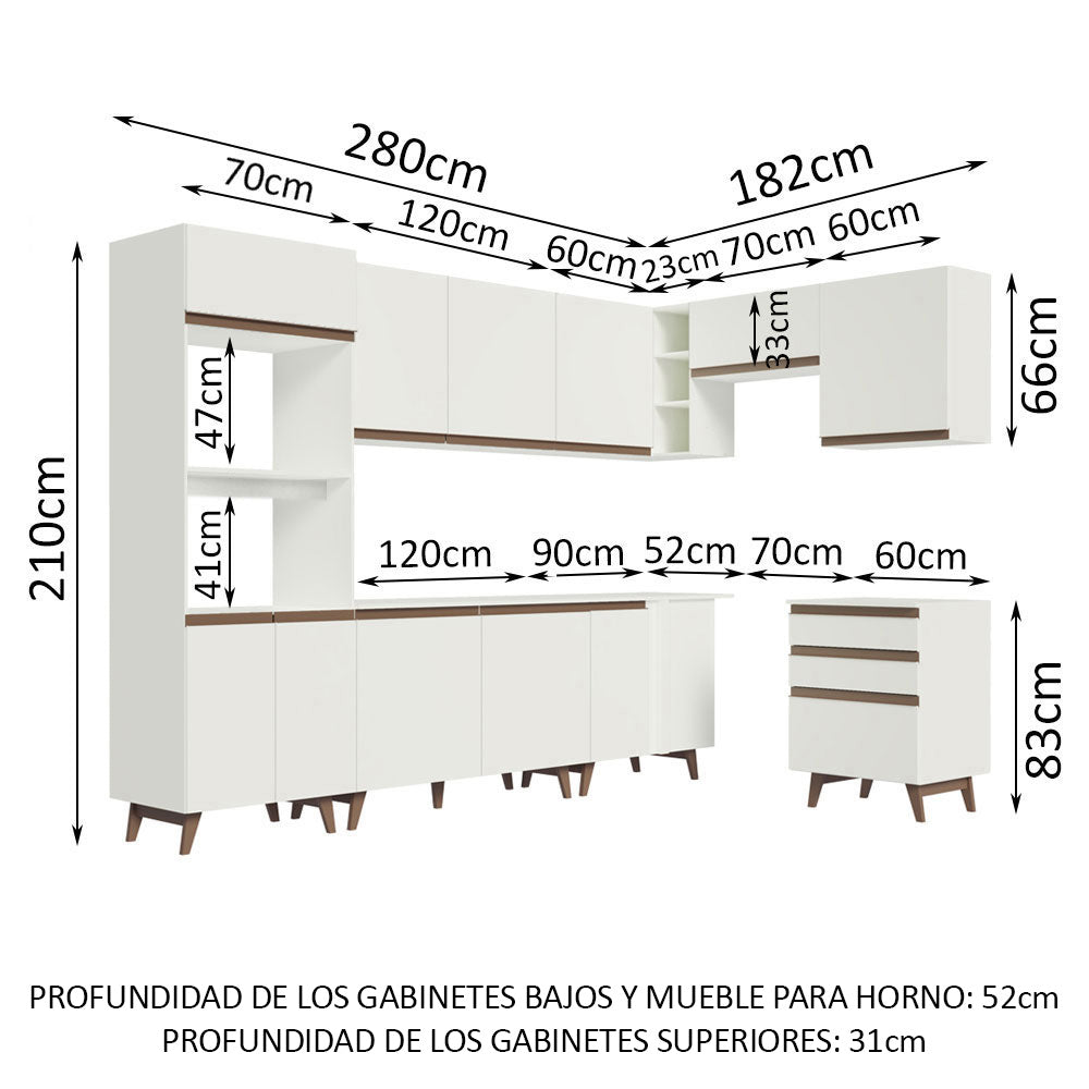 Cocina Integral Esquinero Modular Reims Blanco 462x210cm con Mesón de Madera Aglomerada Mdp sin Estufa con Tres Cajones y con Veintidós Entrepaños - COCINAS | Bylmo