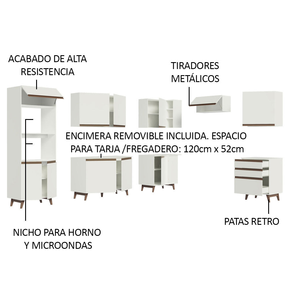 Cocina Integral Esquinero Modular Reims Blanco 462x210cm con Mesón de Madera Aglomerada Mdp sin Estufa con Tres Cajones y con Veintidós Entrepaños - COCINAS | Bylmo