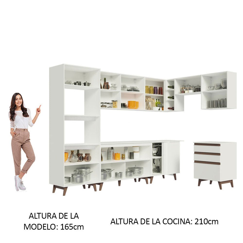 Cocina Integral Esquinero Modular Reims Blanco 462x210cm con Mesón de Madera Aglomerada Mdp sin Estufa con Tres Cajones y con Veintidós Entrepaños - COCINAS | Bylmo