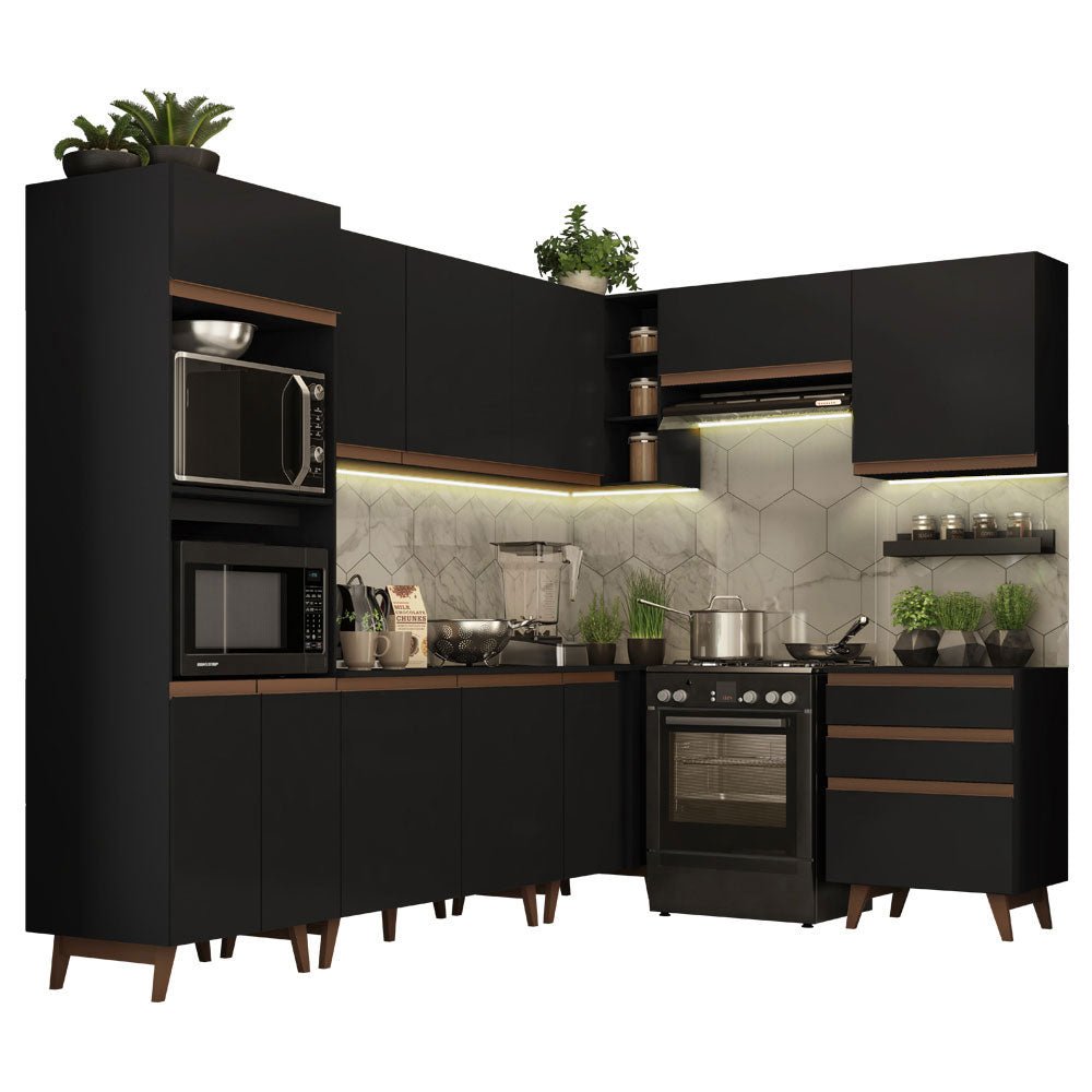 Cocina Integral Esquinero Modular Reims Negro 462x210cm con Mesón de Madera Aglomerada Mdp sin Estufa con Tres Cajones y con Veintidós Entrepaños - COCINAS | Bylmo